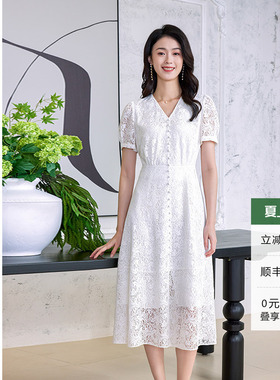 黛玛诗温柔白色蕾丝连衣裙短袖夏新款V领大摆裙伞裙优雅中长款