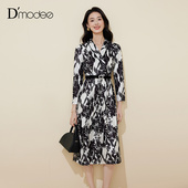 黛玛诗正式 收腰水墨印花气质连衣裙女附腰带 长袖 场合衬衫 裙春新款