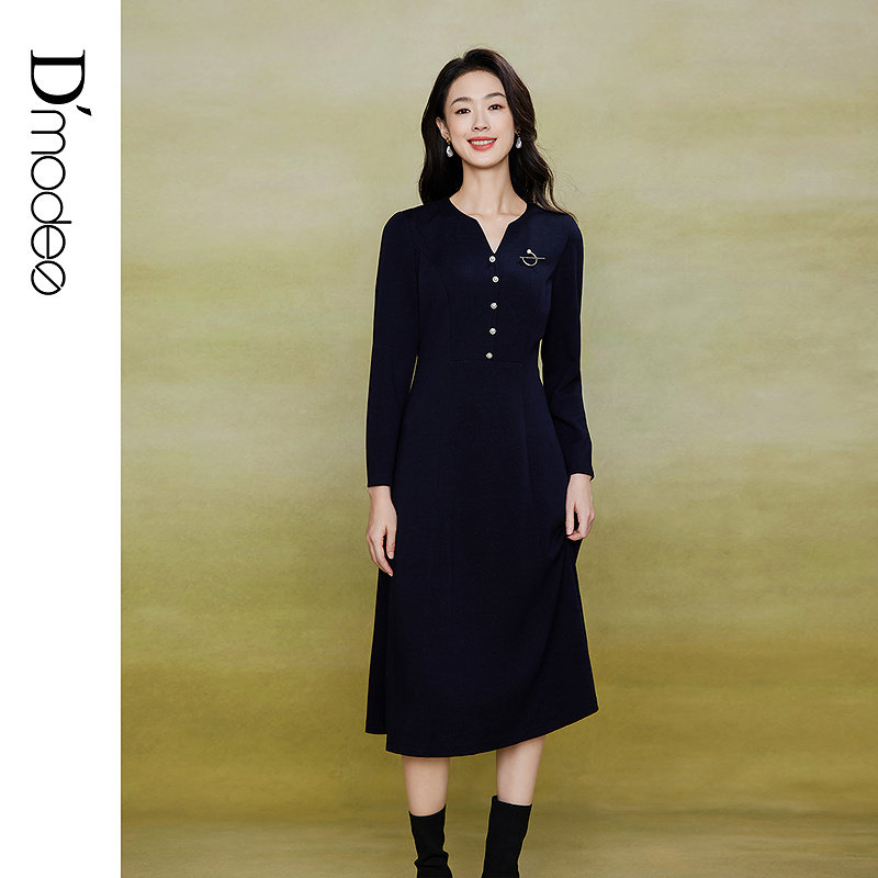 黛玛诗显瘦花裙子秋冬新款优雅复古通勤V领连衣裙女气质(附胸针)