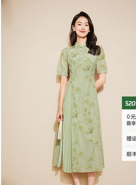 黛玛诗绿色气质优雅连衣裙春季新款新中式国风印花改良旗袍女日常