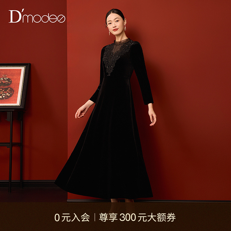 【商场同款】黛玛诗丝绒小黑裙冬新款名媛蕾丝连衣裙女DC05032254