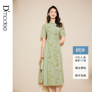 国风印花改良旗袍女日常 新中式 黛玛诗绿色气质优雅连衣裙春季 新款