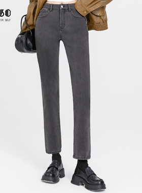 sp68加绒牛仔裤女士灰色2024年冬季新款保暖直筒裤宽松显高法棍裤