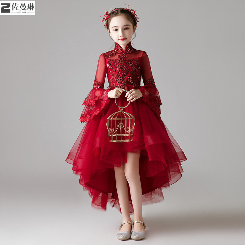 花童礼服长袖儿童婚纱女孩生日蓬蓬纱女童主持人红色公主裙演出服