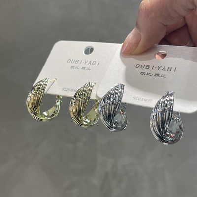 欧比雅比中号名模时尚不规则纽结金属麻花耳圈925银针~外径约25mm