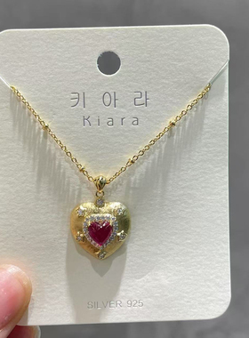 琪娅拉s925通体纯银复古立体爱心镶钻锆石布契拉丝项链~长越46cm