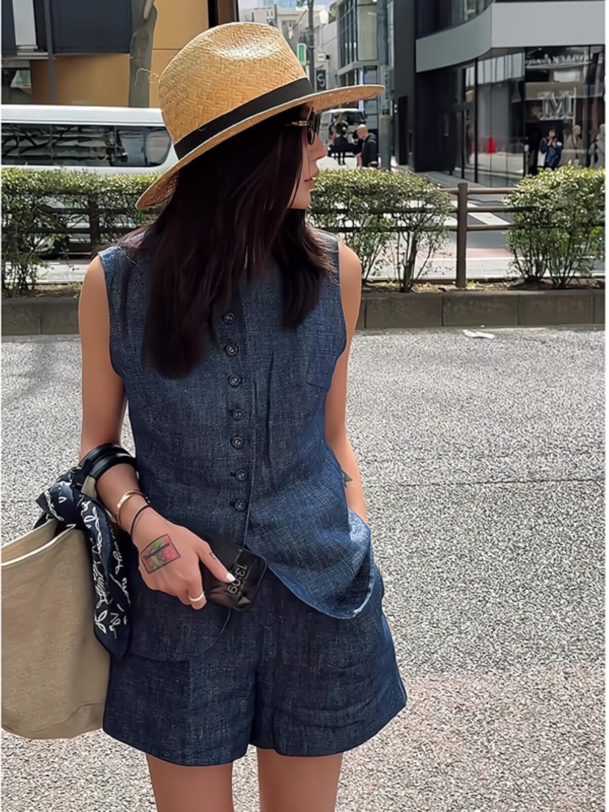 LEADINGLADY 复古蓝亚麻无袖牛仔套装女棉麻马甲背心短裤两件套