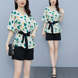 RM10474#夏季新款胖MM遮肚显瘦圆领爱心翠花雪纺套装时尚洋气两件套