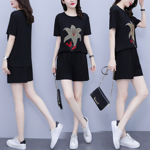 RM10477#夏新款大码女装胖MM烫钻两件套宽松显瘦休闲减龄时尚遮肉套装