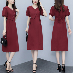 RM10475#夏季新款胖mm法式气质短袖连衣裙绑带收腰显瘦复古赫本风长裙