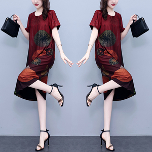 RM10469#夏季新款大码女装胖MM时尚遮肚显瘦中长款印花连衣裙