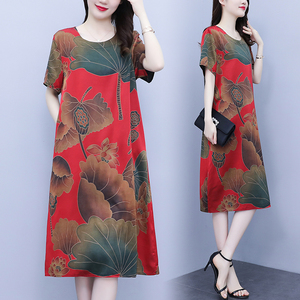 RM10471#夏季新款大码女装宽松显瘦胖妈妈遮肚子真丝缎时尚洋气连衣裙