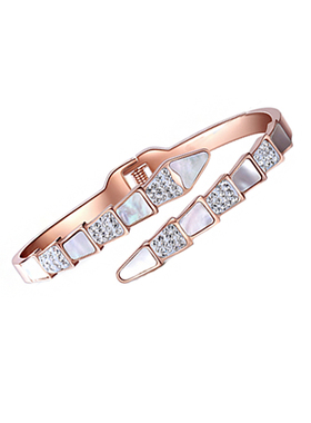 欧美满钻天然白贝母蛇骨手镯贝壳钛钢18k玫瑰金蛇形手环女不褪色