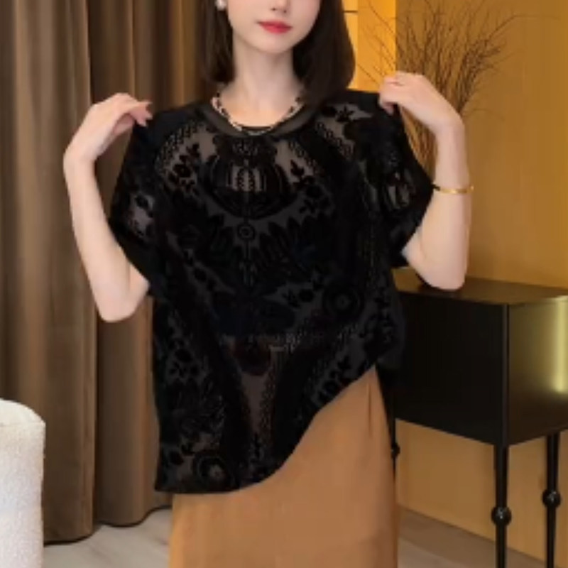 欧货蕾丝提花短袖t恤女夏季2024新款黑色别致丝绒小衫宽松上衣潮