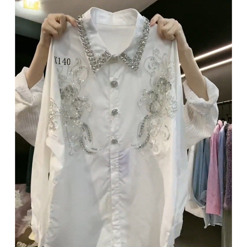 小香风中长款白色宽松百搭女衬衫