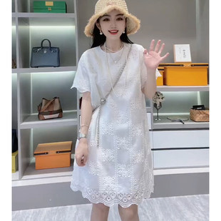 欧洲站2026夏季新款宽松镂空显瘦白色蕾丝连衣裙泡泡袖a字裙女装