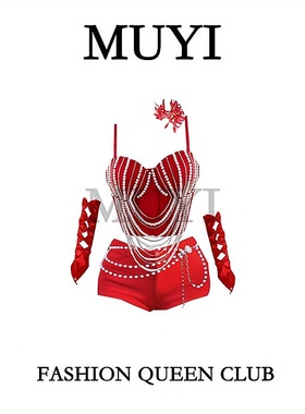 MUYI原创 酒吧gogo女团甜辣红色镶钻珍珠重工打歌服ds领舞演出服