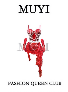 MUYI原创 酒吧gogo女团歌手商演重工镶钻红色打歌服ds领舞演出服