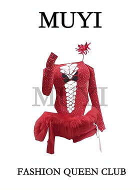 MUYI原创 酒吧gogo秀红色演出服性感镂空透视亮晶晶镶钻衣五件套