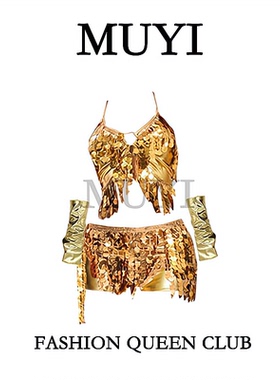 MUYI原创gogo性感风金色亮面演出服套装酒吧夜店DJ辣妹爆闪舞台装