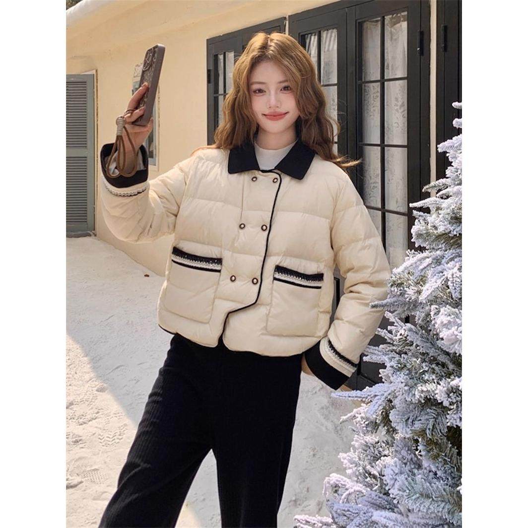 小个子秋冬上衣女保暖杏色短外套羽绒棉服杏色小香风撞色面包服