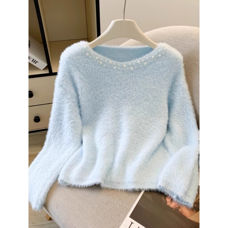 秋冬小香风蓝色防水貂绒针织衫