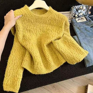 上衣 洋气百搭慵懒风打底衫 复古黄色圆领长袖 针织毛衣女秋冬及新款