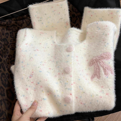 秋冬韩系毛绒绒刺绣彩点毛衣开衫