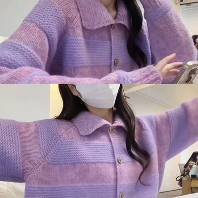 秋季新款单排扣翻领针织开衫外套