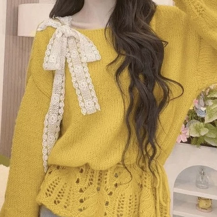 甜美蝴蝶结镂空针织毛衣外套