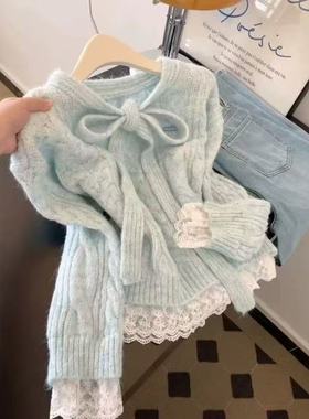 韩系蕾丝拼接假两件系带蝴蝶结蓝色毛衣女秋冬高级感针织衫上衣潮