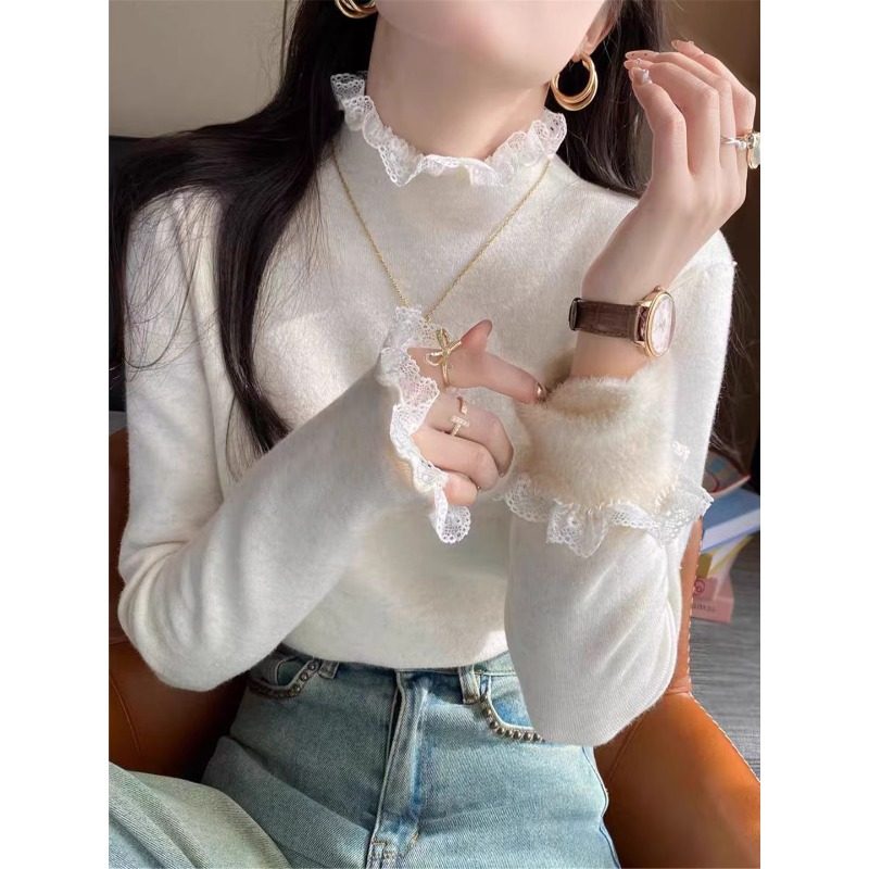 半高领蕾丝打底衫女内搭加绒2025秋冬新款加厚毛衣高级感好看上衣,女装/女士精品,毛针织衫,淘宝优惠券,粉丝福利购,淘宝优惠卷