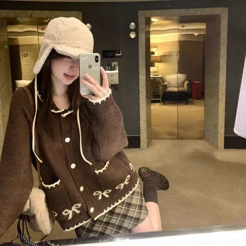 秋冬韩系费尔岛翻领针织毛衣开衫