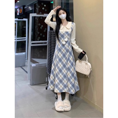 新款蕾丝假两件高腰长袖连衣裙