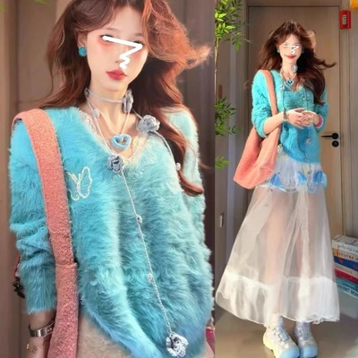 秋冬防水貂软糯v领针织长袖毛衣