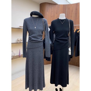 时尚针织套装女秋冬褶皱收腰显瘦侧开叉毛衣长款a字半身裙两件套