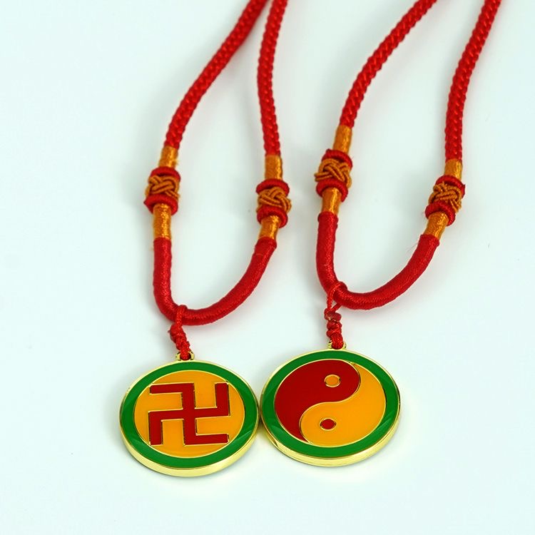 2.6CM江氏黄铜双面万字福太极吊坠红黄蓝绿黑边万字五行项链挂坠