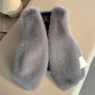 秋冬V领毛毛皮草马甲女装狐狸毛背心马夹坎肩修身短款外套环保毛