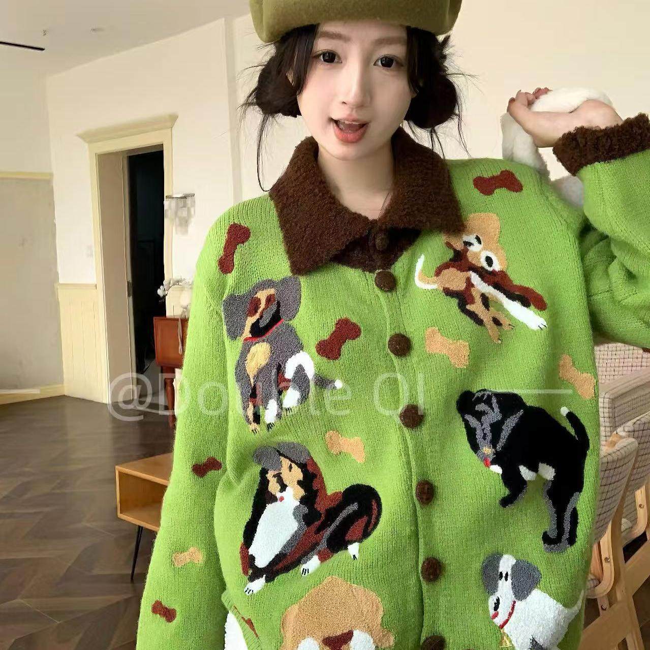 女款2024新款爆款设计感高级感超好看绿色古着卡通针织衫毛衣秋冬