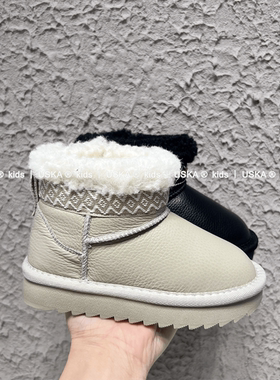 UskA2025年秋冬新款雪地靴男女童保暖棉鞋皮面加绒加厚短筒靴潮