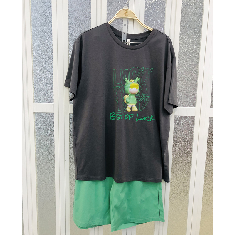 派邦奴睡衣2025夏季男士针织莱赛尔棉短袖短裤卡通休闲家居服套装