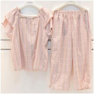服家居服套 品牌睡衣2025夏季 女士梭织格子薄款 提花淑女短袖 七分裤