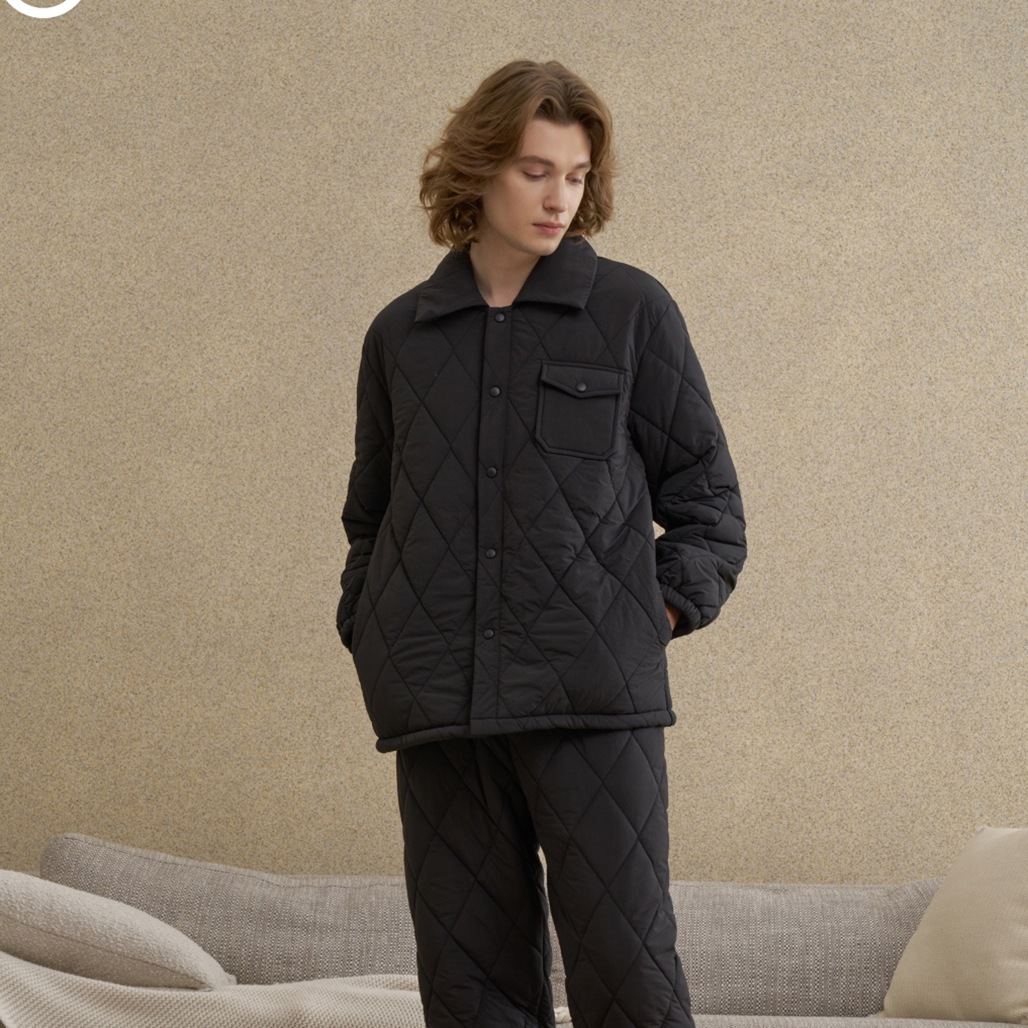 创五季男士睡衣2025冬季轻薄羽绒棉夹棉保暖菱形格翻领男套家居服