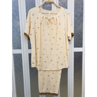 柔善睡衣2025夏季女士针织棉短印花卡通甜美短袖七分裤家居服套装