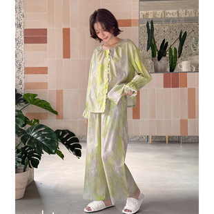 安杜拉女士睡衣2026春季梭织棉薄款印花长袖长裤可外穿家居服套装