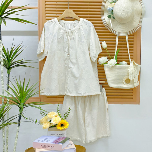 卡路曼女睡衣2026夏季梭织棉质刺绣短袖短裙甜美可外穿家居服套装