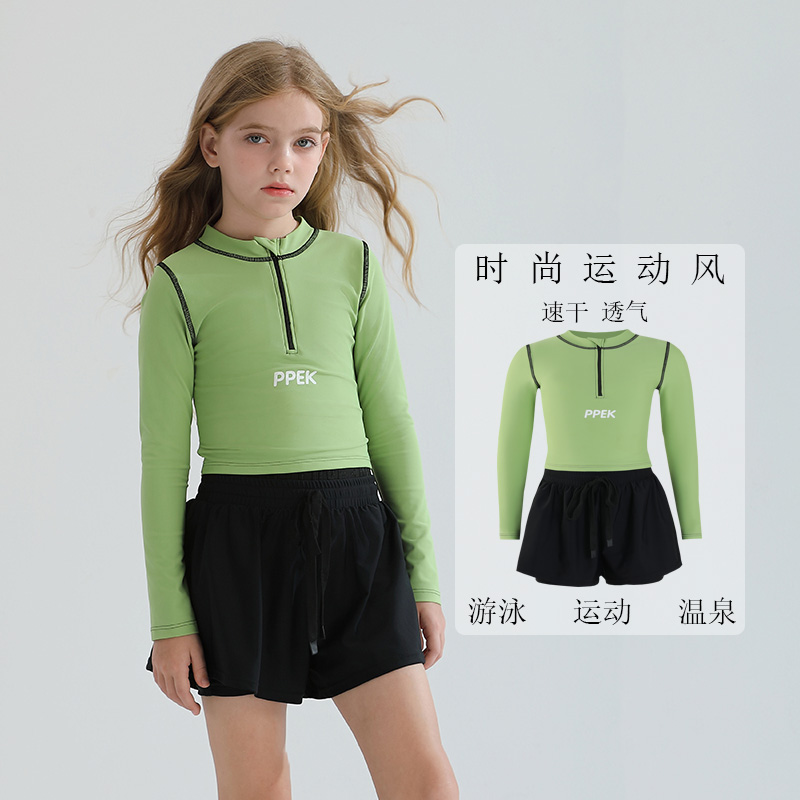 2025新款泳衣女大童初中生保守带胸垫分体裙式少女发育期高颜值胖