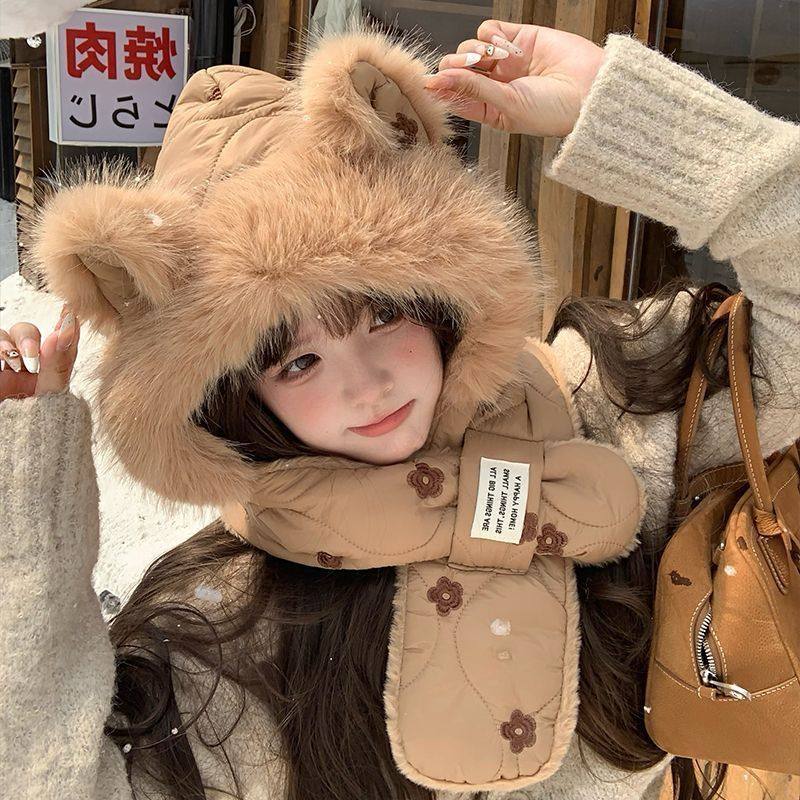 秋冬女款帽子围巾一体两件套防风保暖二合一连帽围脖2026新款热卖