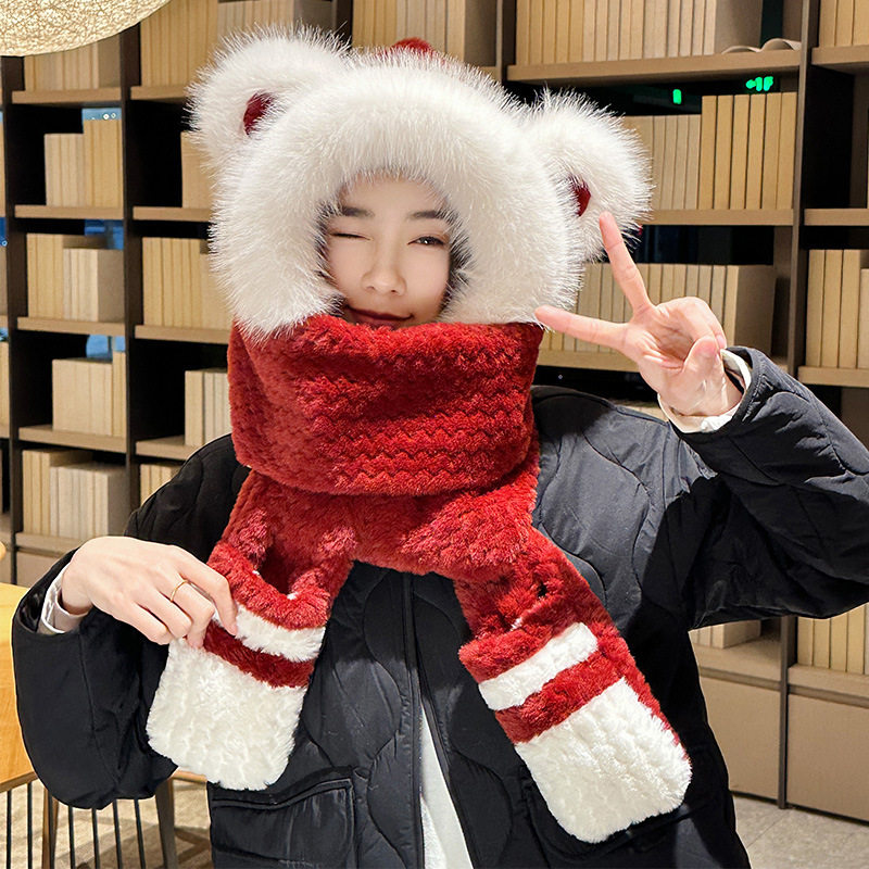 可爱小熊帽子围巾一体女冬季护耳帽毛绒零骑行开车围脖保暖三件套