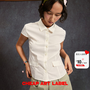 奶油色收腰短袖 label art 假口袋上衣女26春季 新款 轻薄衬衫 cheap